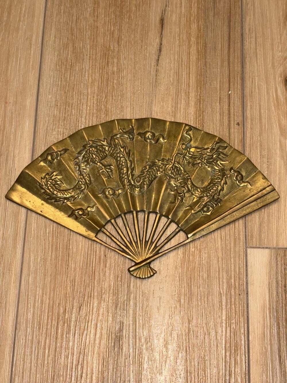 Vintage Solid Brass Asian Chinese Japanese Dragon Folding Hand Fan Wall Decor